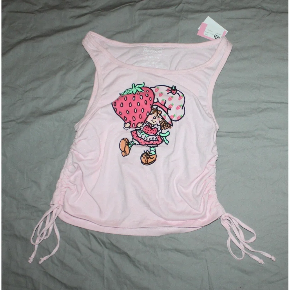 Strawberry Shortcake Girls Sleeveless Top with Ruched Side w/Ties, Pink Size XXL